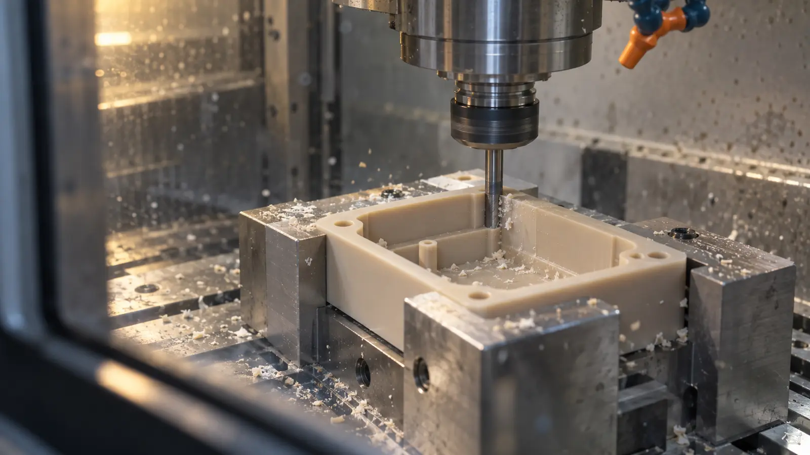 CNC end mill cutting a pocket in a beige polymer housing blank held in broad soft jaws.