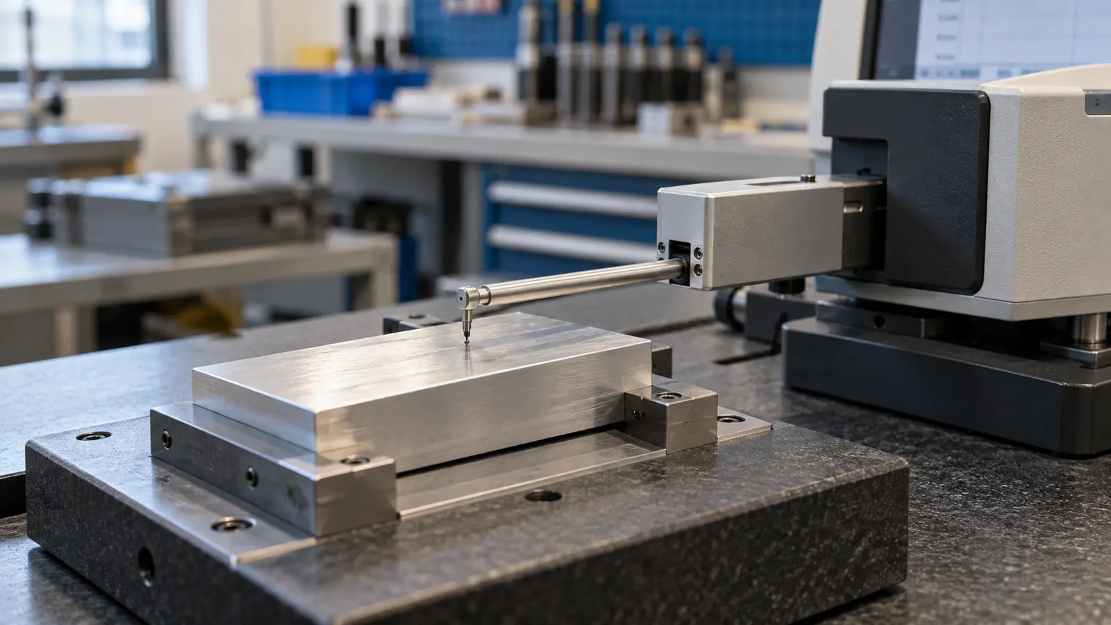 Contact stylus profilometer with a fine probe positioned on the flat top face of a secured machined aluminum sample