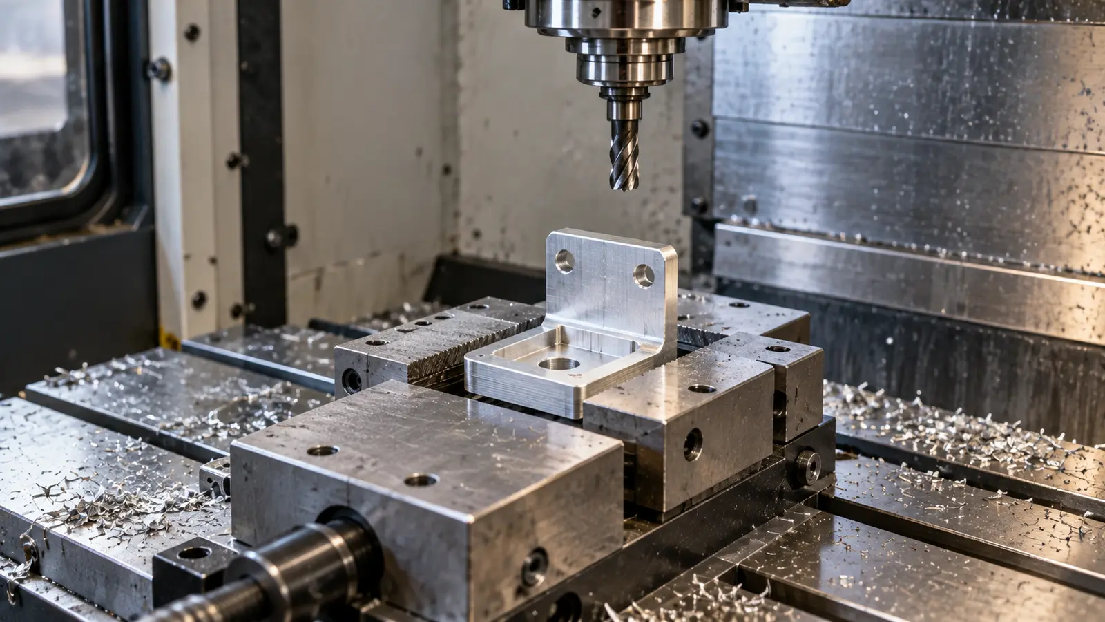 Machined aluminum mounting bracket held in soft jaws inside a stopped CNC milling machine