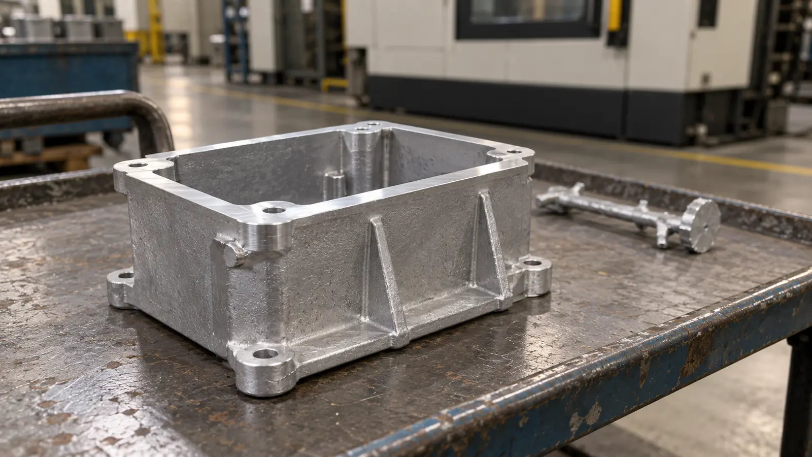 Trimmed aluminum die-cast housing with cast ribs and a machined flange on a used production cart.