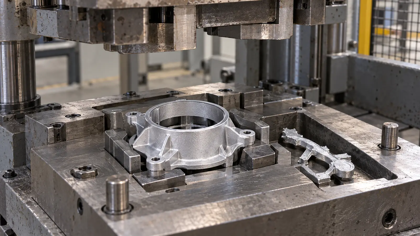 Die-cast aluminum circular fan shroud seated in the open lower tool of a trim press with removed gate scrap beside the nest