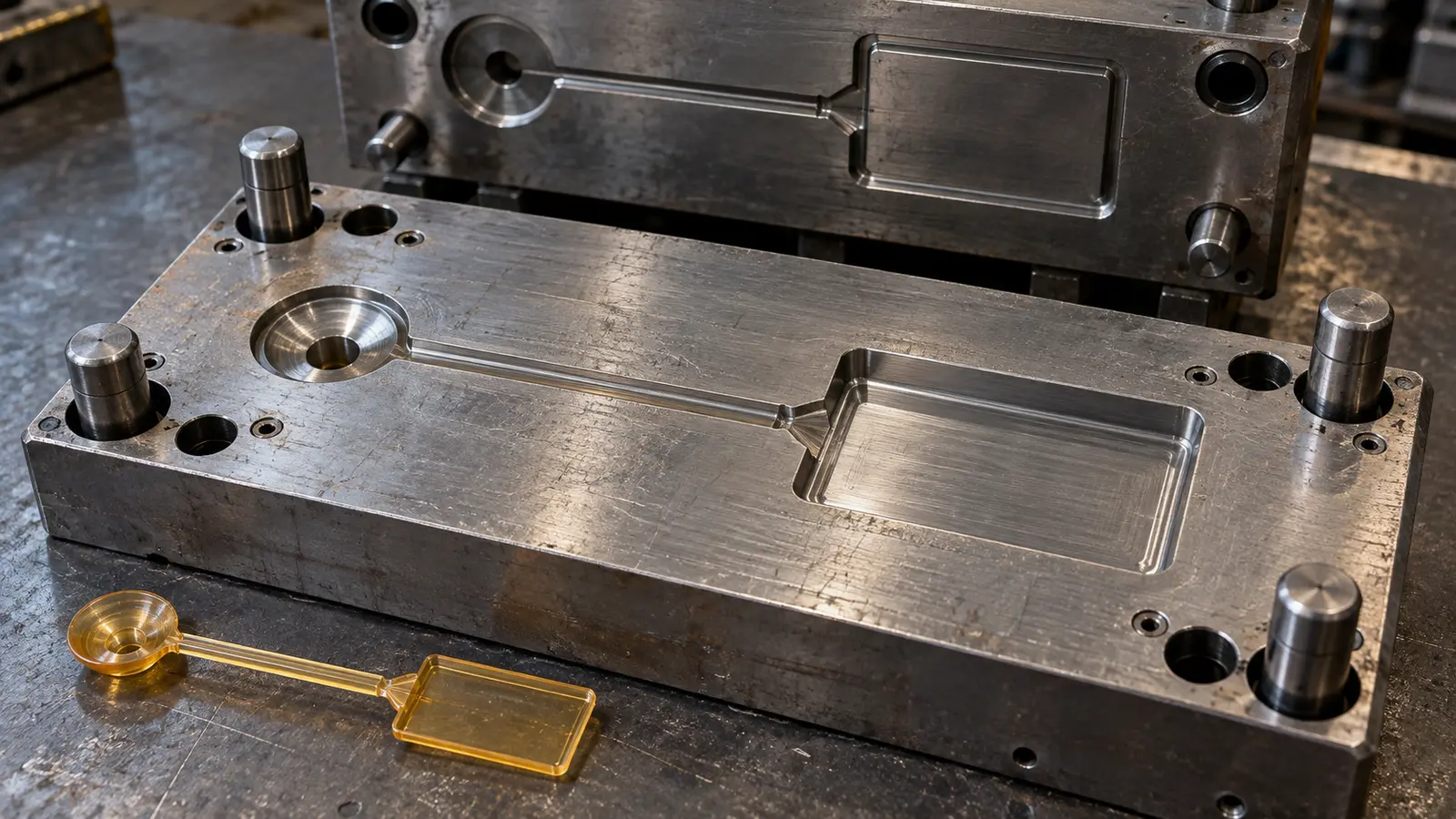 Open steel mold showing a runner and edge gate leading into a shallow plastic-part cavity