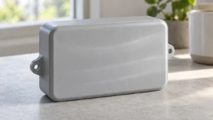 Finished plastic control housing with subtle flow lines visible across its front cover