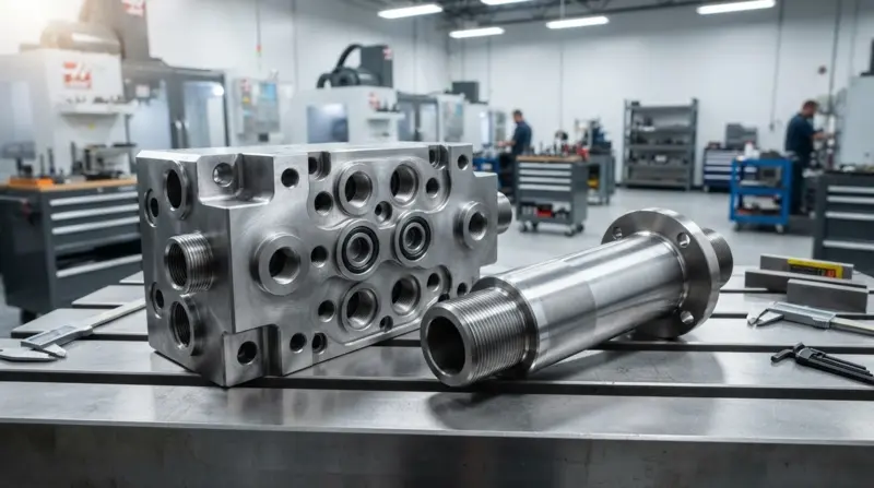 CNC machined 1045 steel hydraulic valve manifold and precision ground 4140 excavator pivot pin