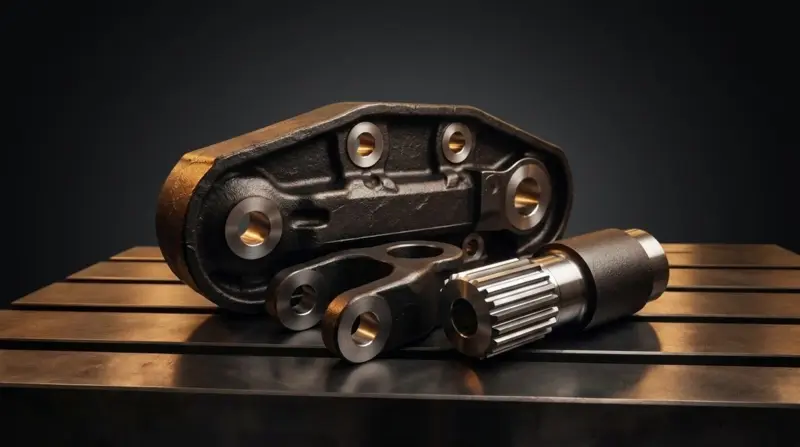 Closed-die forged 4340 alloy steel bulldozer track link, clevis yoke and splined drive shaft
