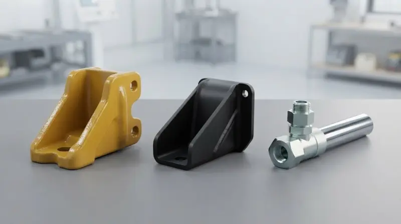 Heavy equipment parts finished in yellow UV powder coat, black e-coat, zinc-nickel and hard chrome