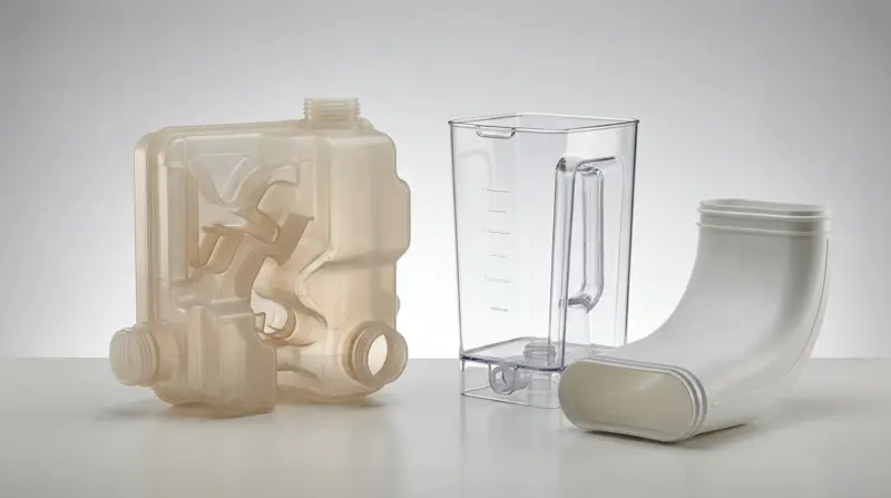 Blow molded translucent polypropylene detergent dispenser tank, clear PC coffee maker water reservoir and HDPE dryer duct
