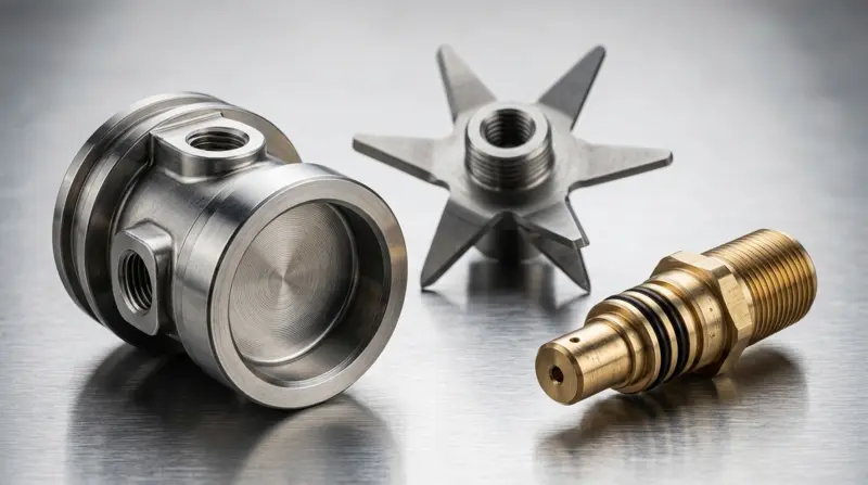CNC machined 316L stainless espresso brew group head, Swiss-turned brass gas valve stem and 420 stainless blender blade hub