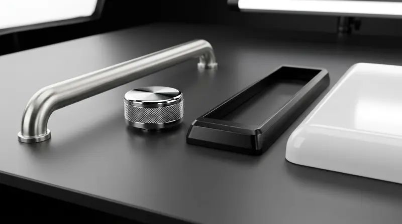 Brushed anti-fingerprint 304 stainless oven handle, mirror-chrome zinc knob, matte-black PVD bezel and powder coated panel