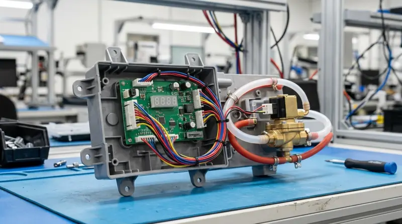 Turnkey home appliance electromechanical sub-assembly with PCBA display, wire harness, brass solenoid valve and housing