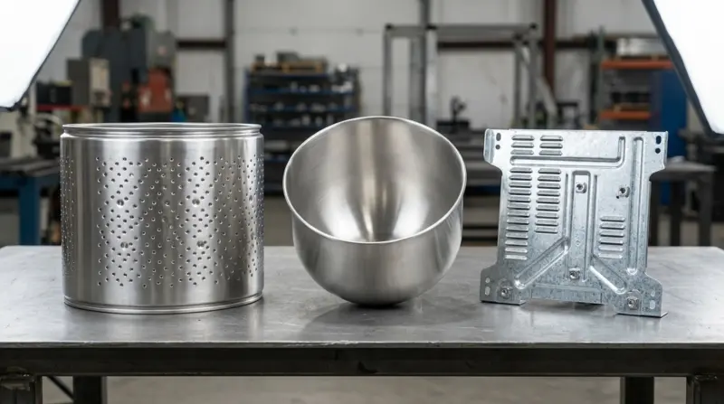 Stamped and deep-drawn 304 stainless steel washing machine drum panel, appliance bowl and galvanized compressor bracket