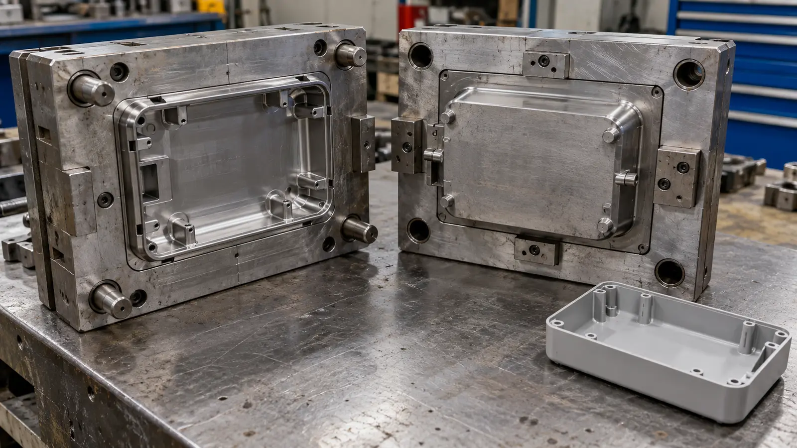 Open steel injection mold showing the matching cavity and core surfaces that form a plastic housing and its parting boundary