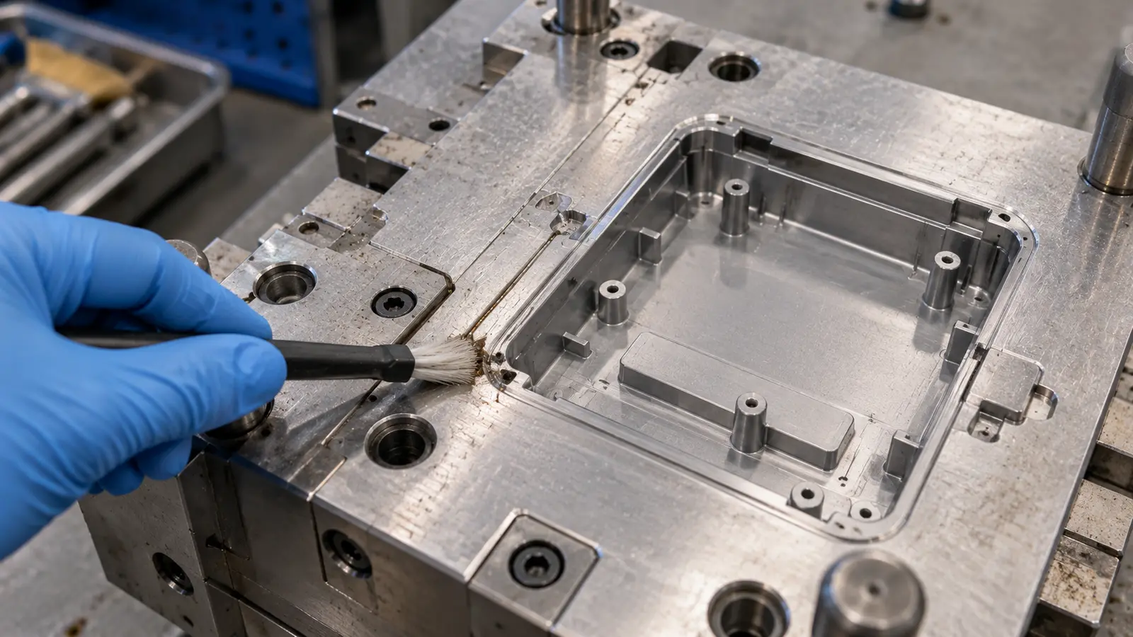 Close view of an open steel injection mold with a narrow vent groove at the parting surface being wiped with a lint-free swab by a gloved hand