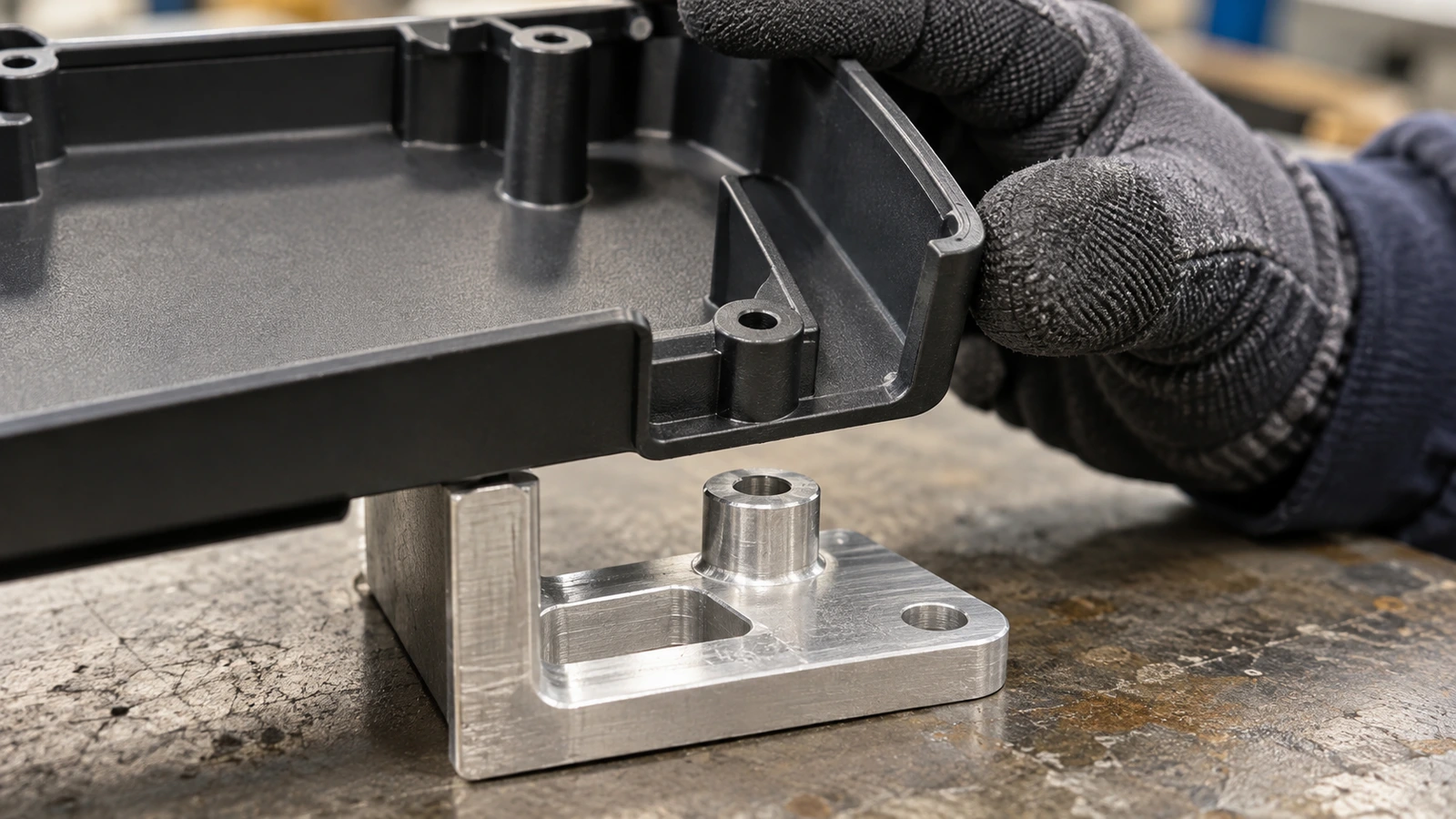 A molded plastic housing being aligned with a machined metal mounting bracket during a fit review