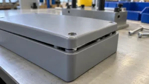 Plastic cover with a thin flash fin preventing its rim from seating against a matching housing