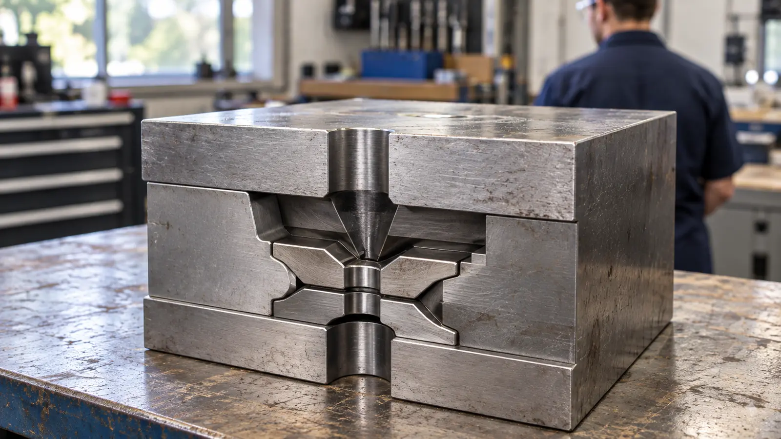 Gloved hand inspecting the contact edge of a steel mold shutoff insert on a maintenance bench