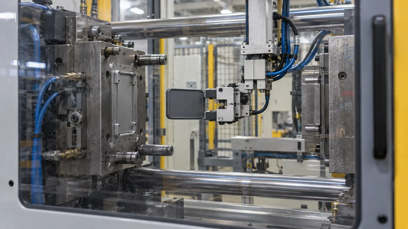 Robot gripper removing a dark plastic cover from an open injection mold through a guarded machine window.