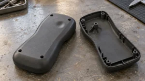 Molded plastic cover shown with a shallow outer dimple and the thick screw boss on its inner face