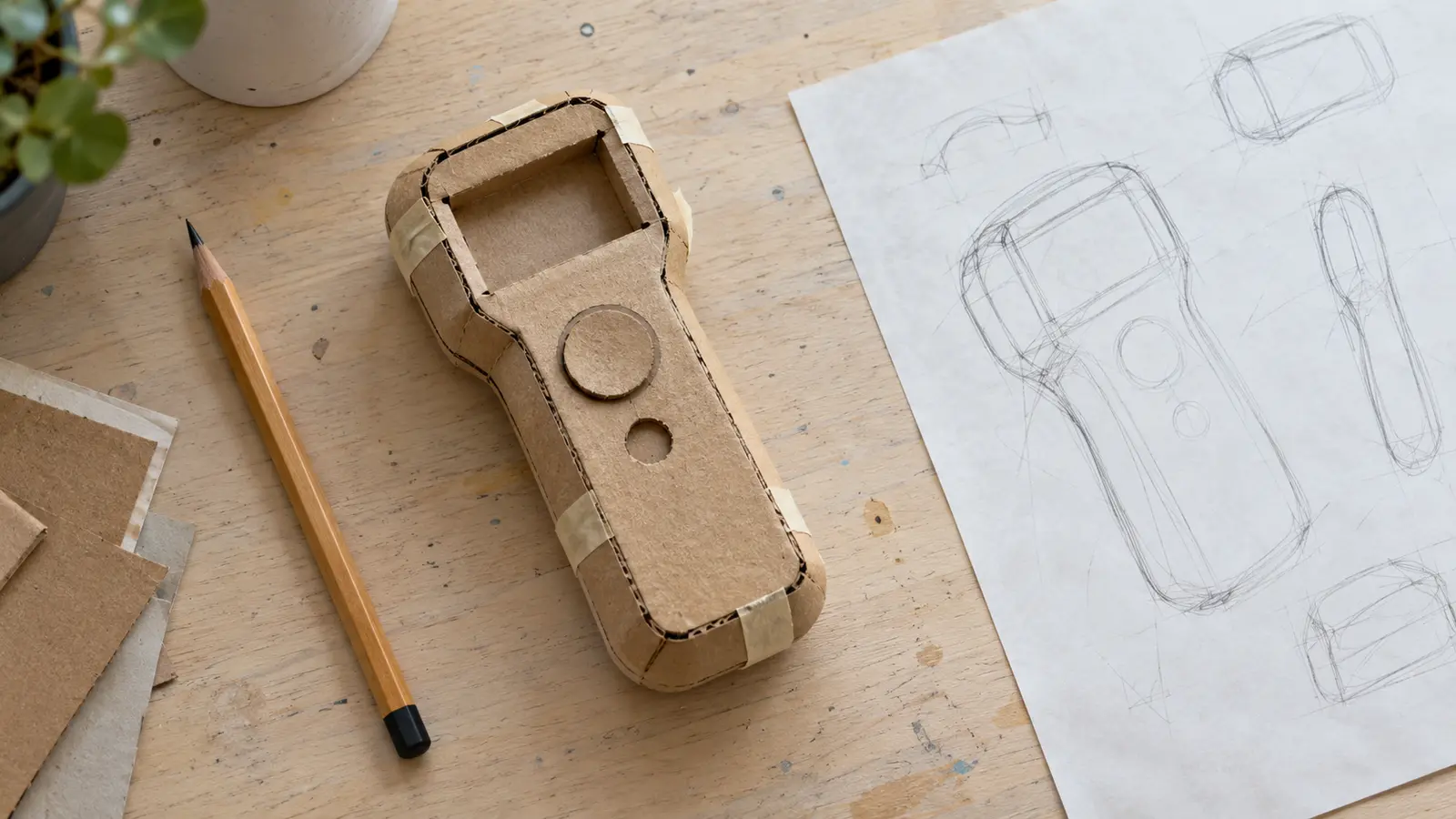 Cardboard enclosure mock-up beside a pencil sketch on an engineering desk