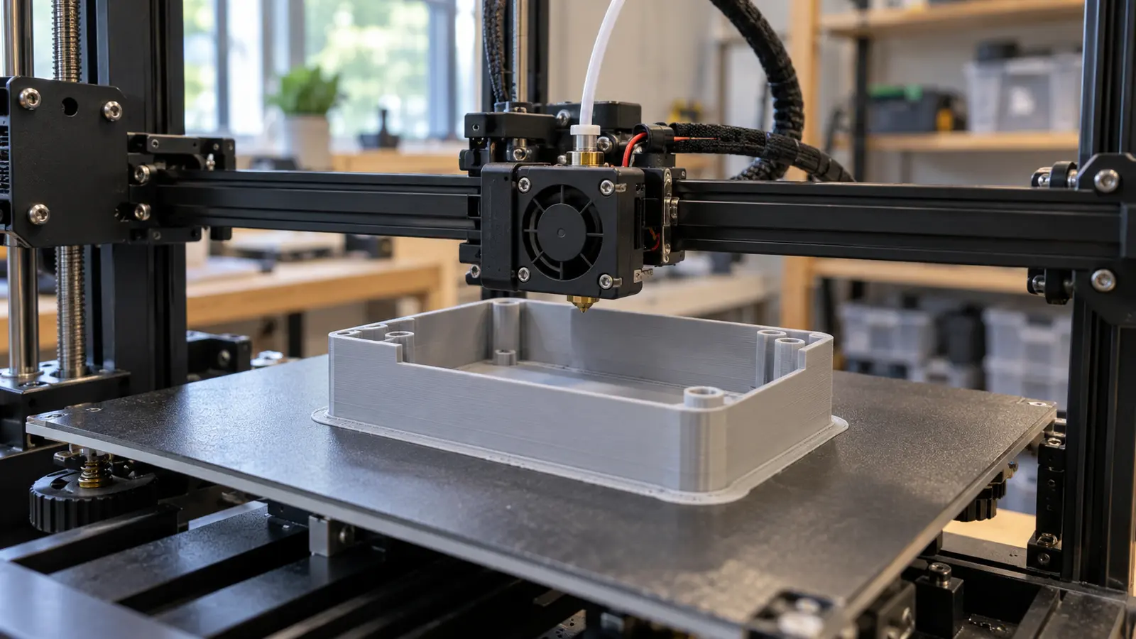 Partly printed plastic enclosure shell on the build plate of an FDM printer