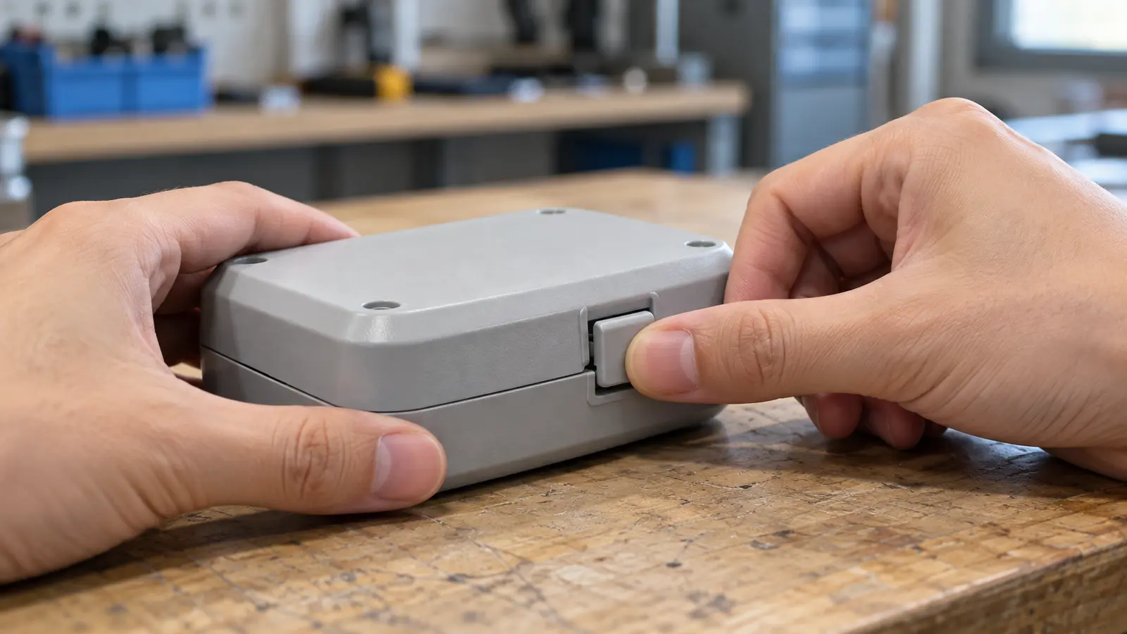 Hands checking a latch on a production-style enclosure sample