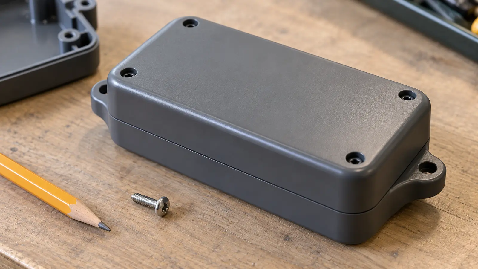 Molded plastic housing cover seated on its base, showing the fit around screw bosses and snap features.