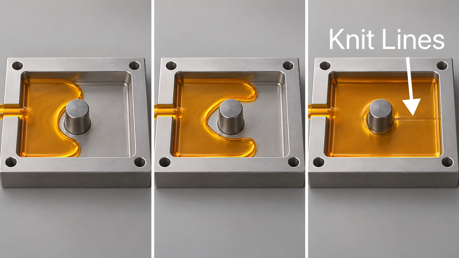 Cutaway illustration showing melted plastic splitting around a round core pin and rejoining behind it inside a mold cavity.