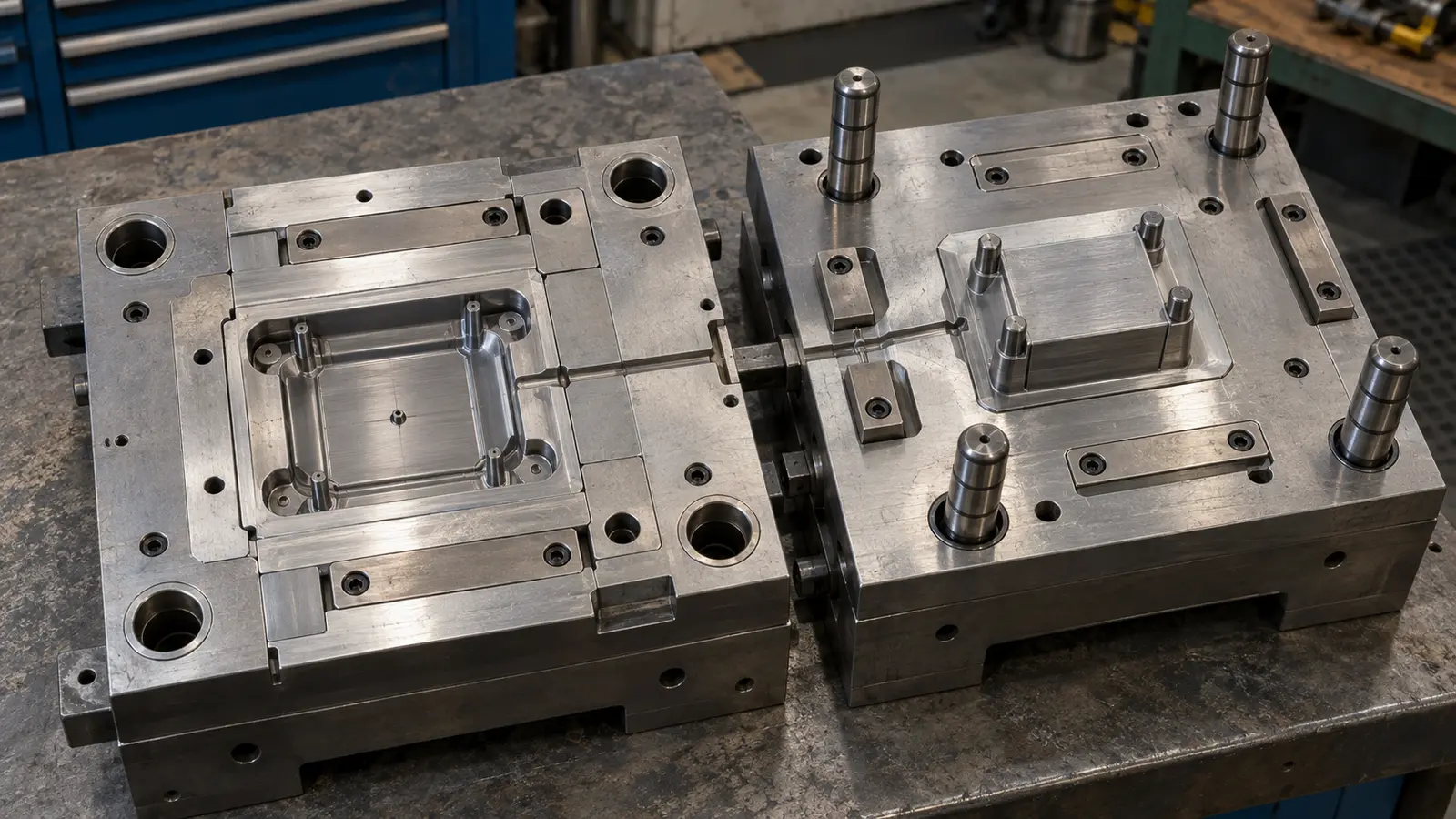 Open steel injection mold showing the core, cavity, runner and gate.