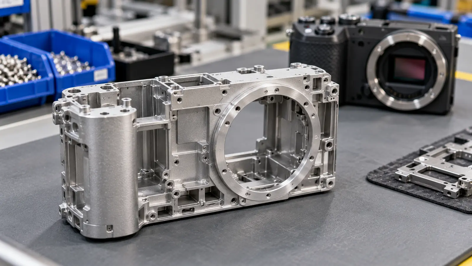 Unpainted magnesium alloy die-cast camera structural chassis with lens opening, ribs and mounting bosses on an electronics assembly bench