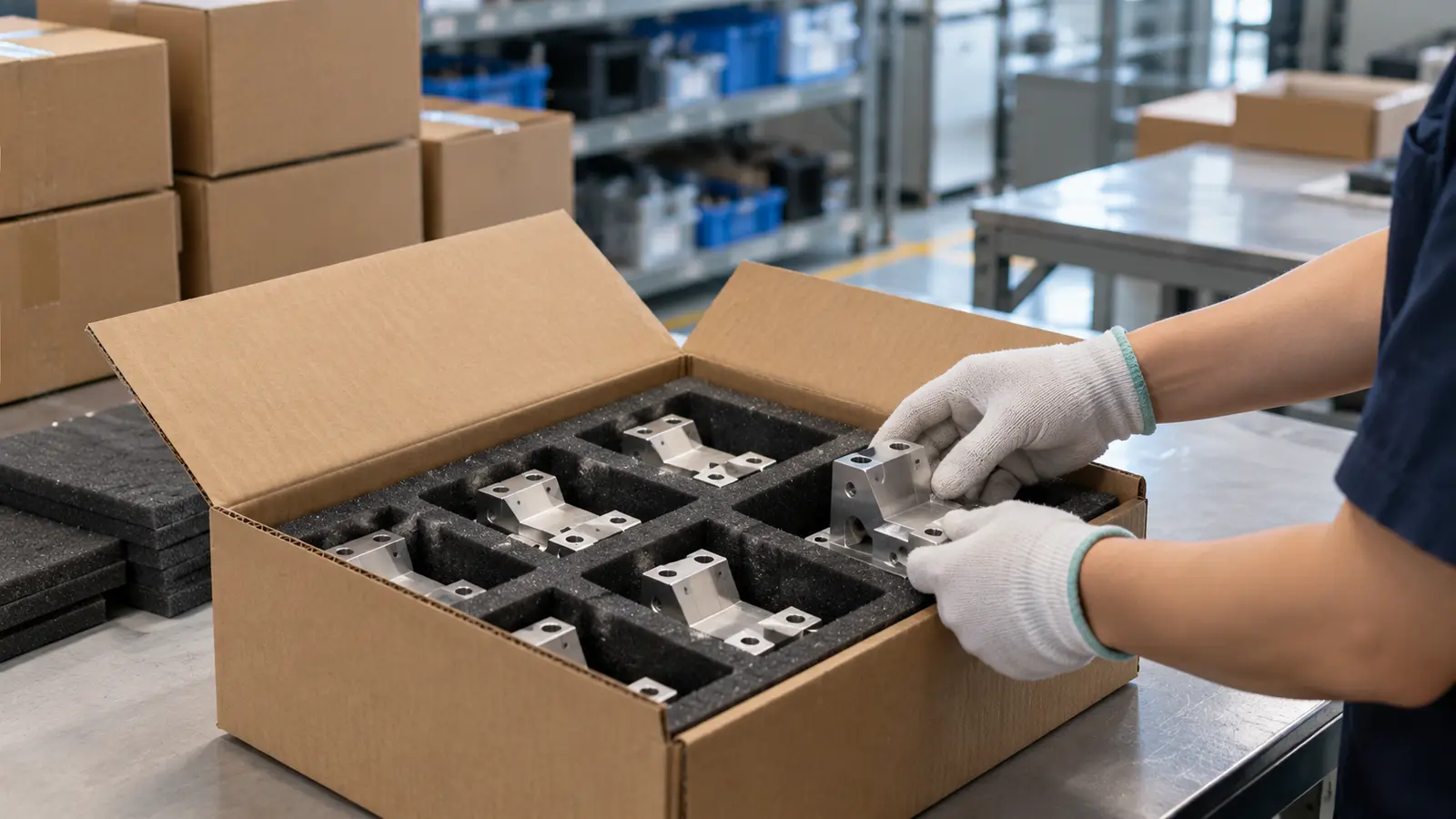Gloved hands placing machined components into separate protective packaging compartments