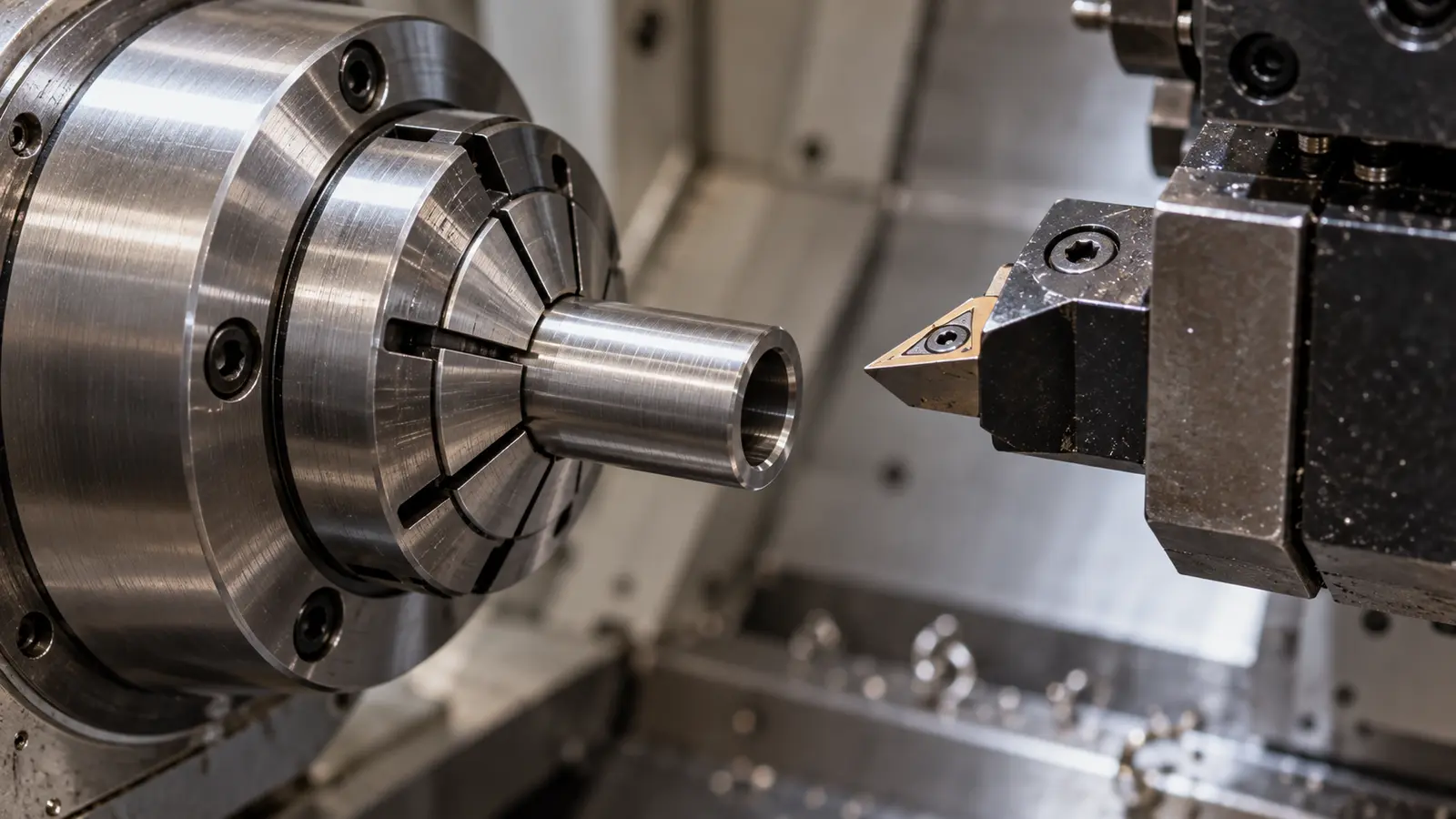 Short stainless steel tubular component held in a lathe collet beside a cutting tool