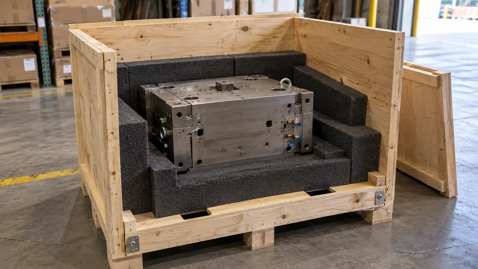 Closed steel injection mold secured on a timber skid inside a partly assembled shipping crate