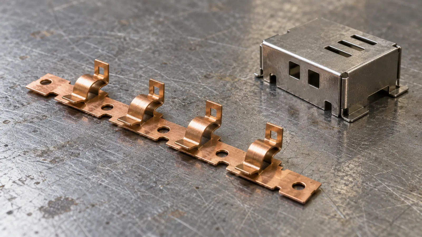 Copper alloy contact strip with repeated formed spring contacts beside a small stainless steel shielding can