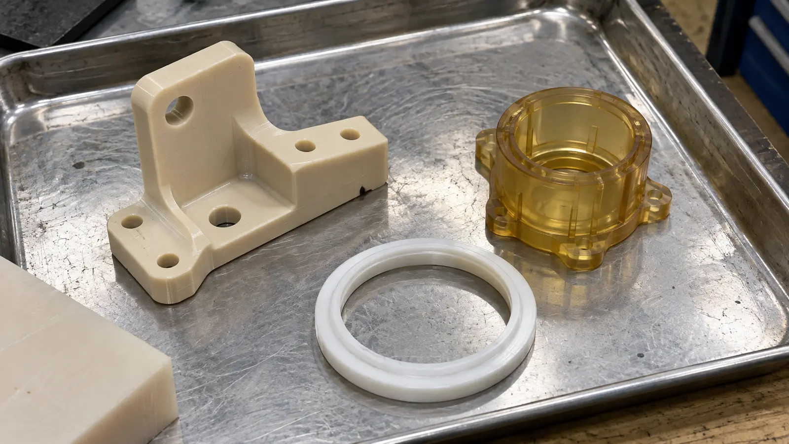 Beige machined polymer bracket, white seal ring and amber housing insert on a used inspection tray.