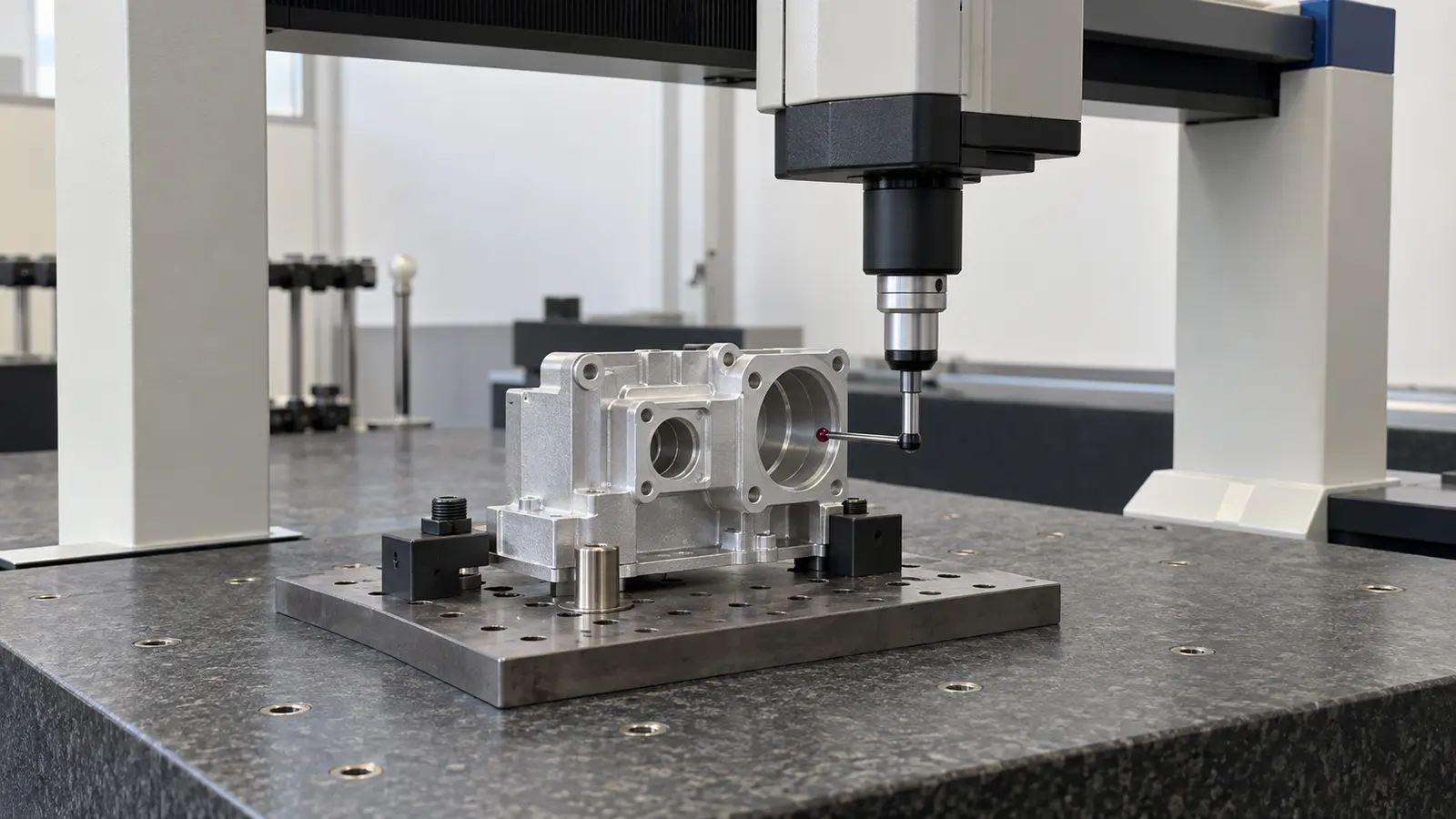 CMM probe measuring an aluminum housing secured on a granite inspection table