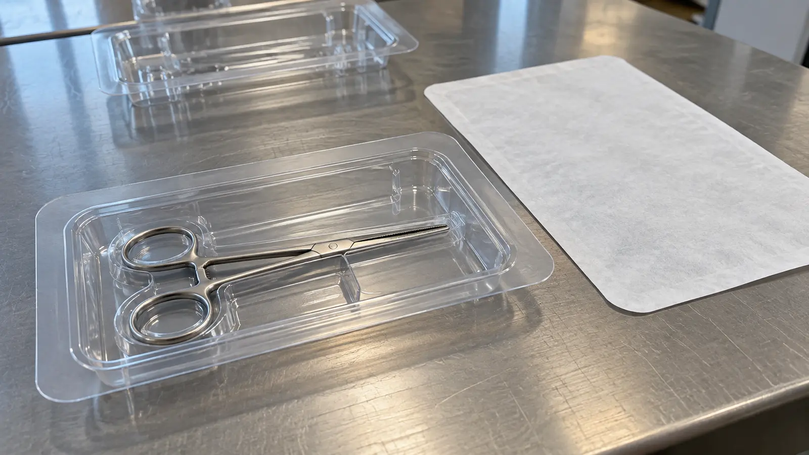 Clear thermoformed tray holding one stainless steel surgical instrument beside an unsealed sheet of white lidstock