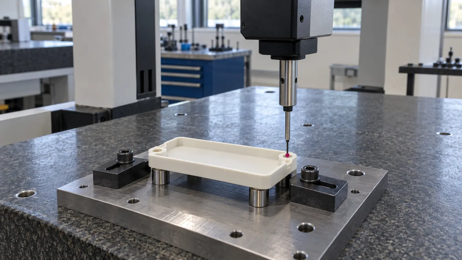 Bridge-style CMM with a ruby probe contacting a bore wall in a securely held plastic diagnostic equipment cover