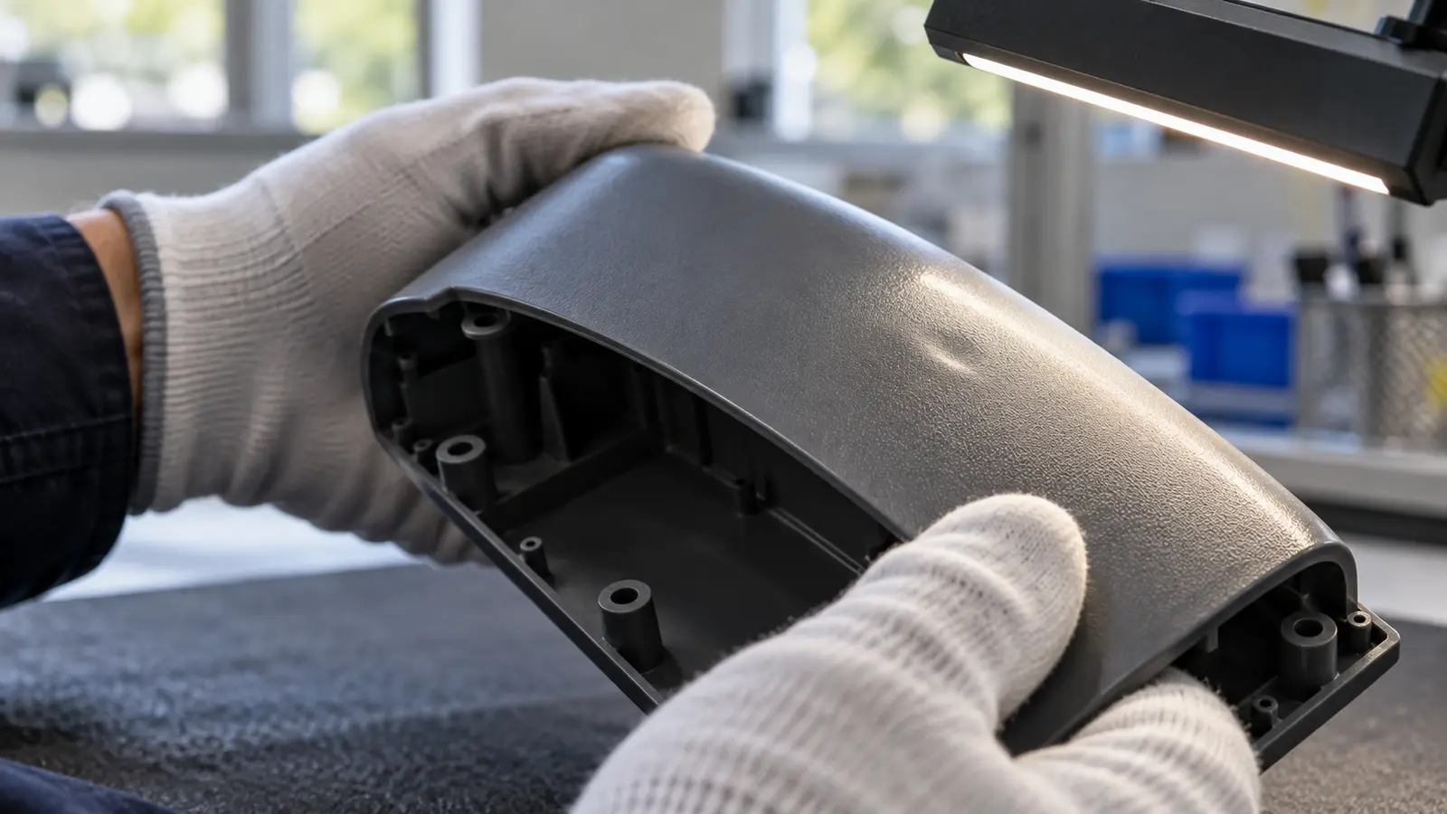 A gloved inspector tilts a molded plastic enclosure under side light to reveal a shallow sink mark above an interior screw boss