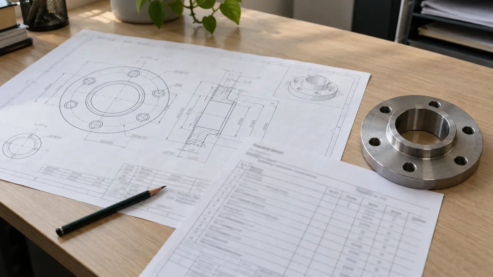 Engineering print, inspection report and a machined flange laid out for comparison on a clean technical work desk