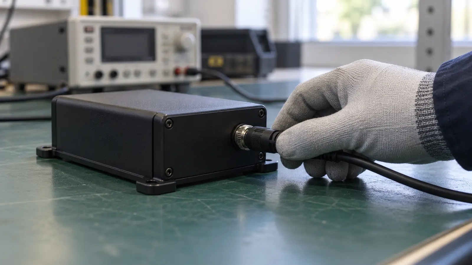 Completed electronic control unit connected to a functional test cable on a production bench