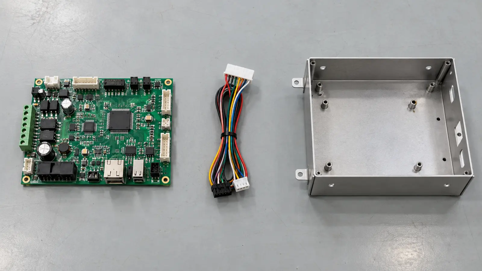 Populated circuit board, cable harness, and open metal enclosure arranged as separate stages of an electronics box build