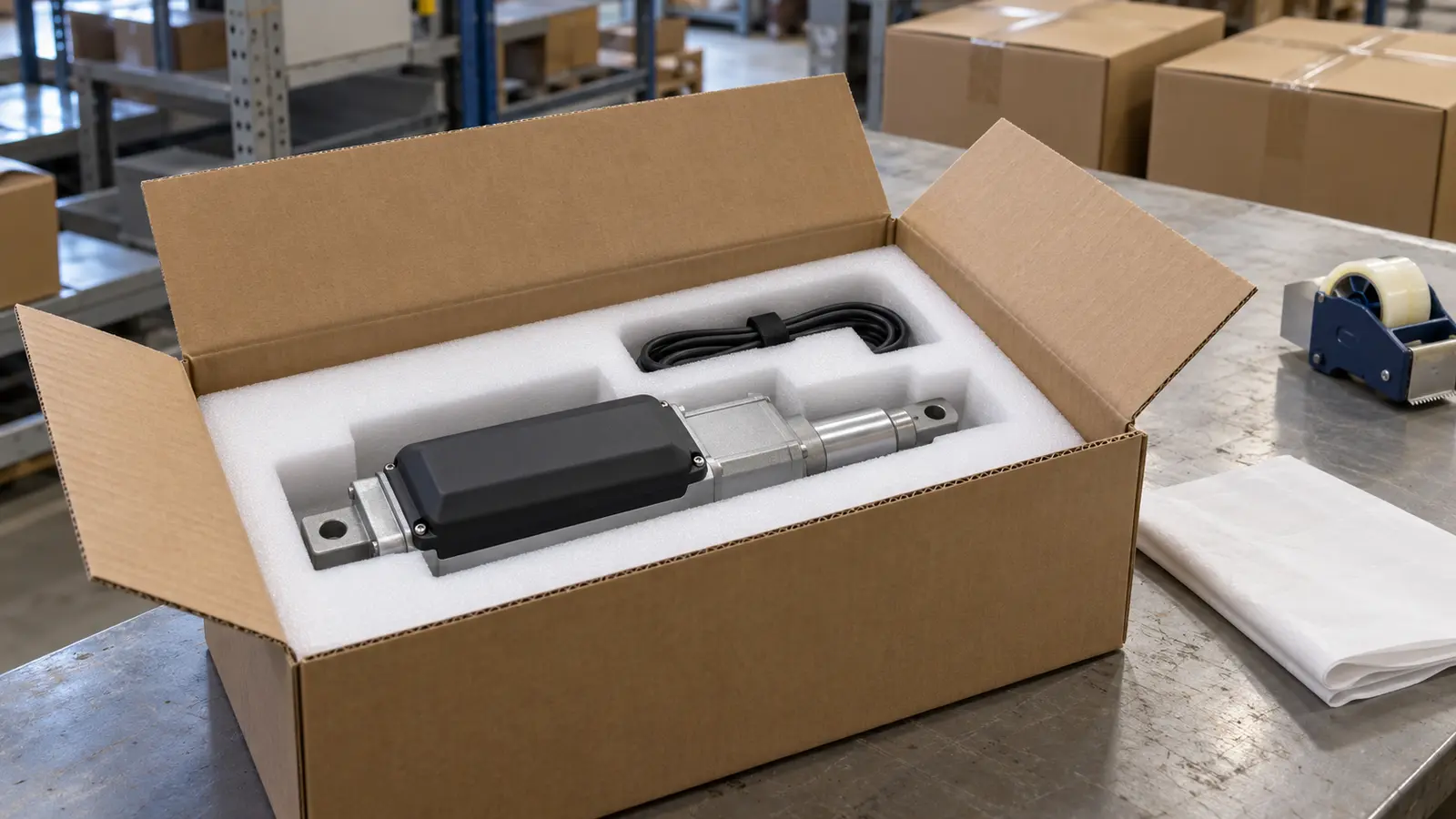 Finished small industrial actuator secured in a fitted protective insert inside an open plain shipping carton.