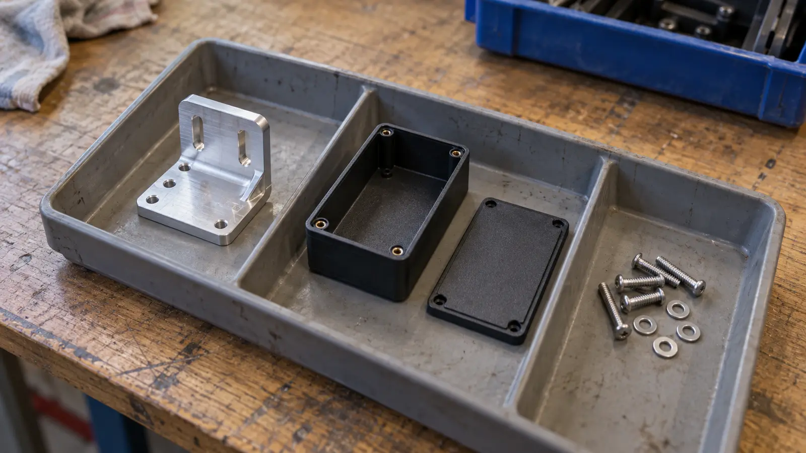 Machined metal bracket, molded plastic enclosure and fastening hardware grouped in a practical assembly tray.