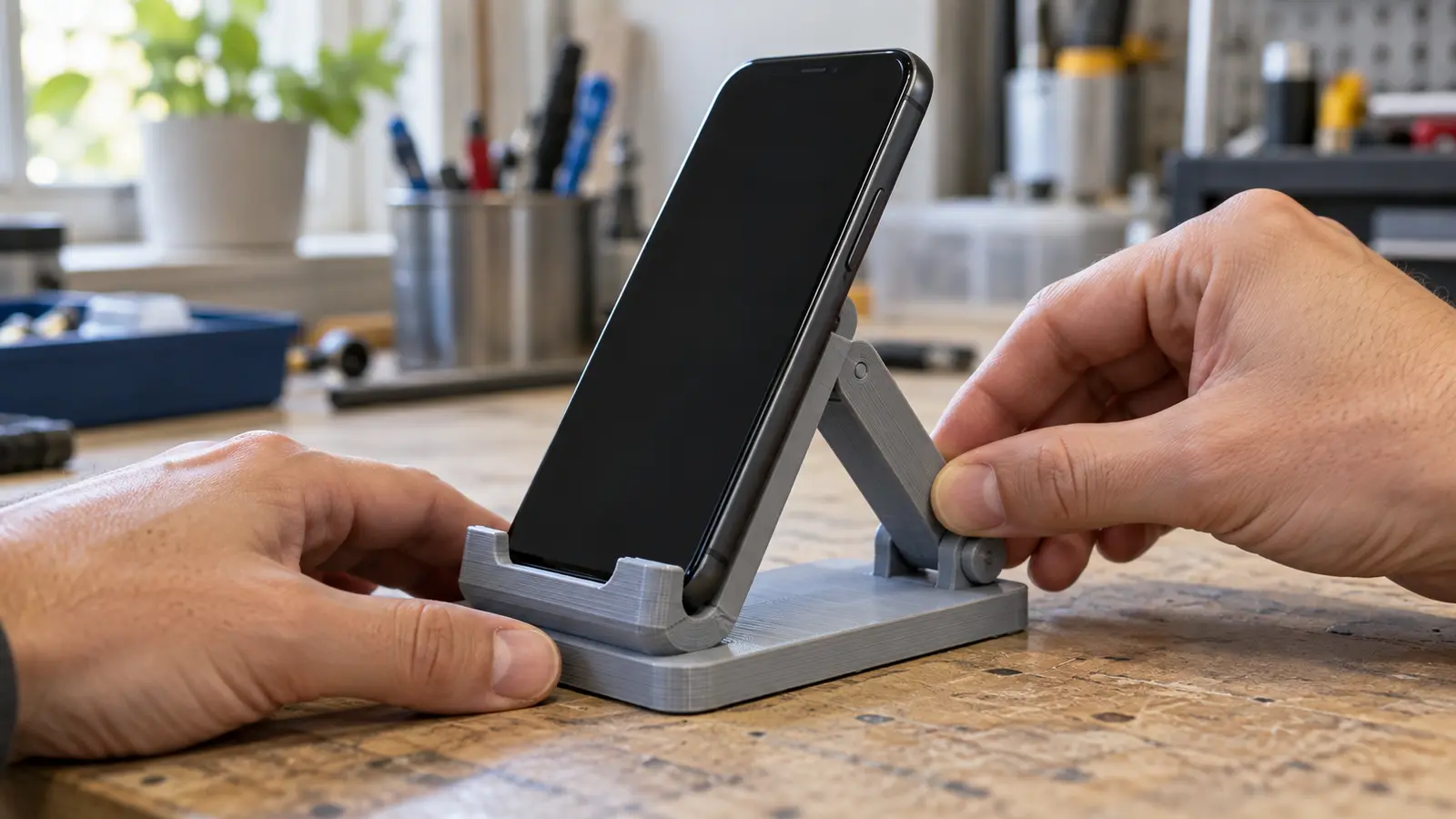 Hands adjusting the hinged back support of a printed folding phone stand prototype