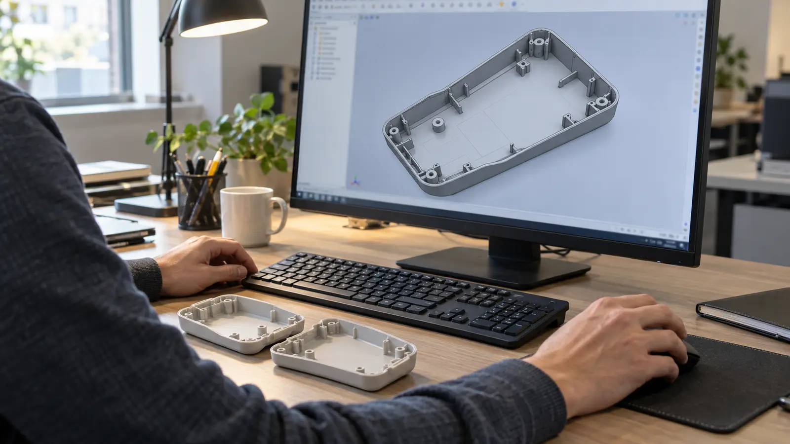 Designer working on a plastic housing CAD model beside two printed housing halves