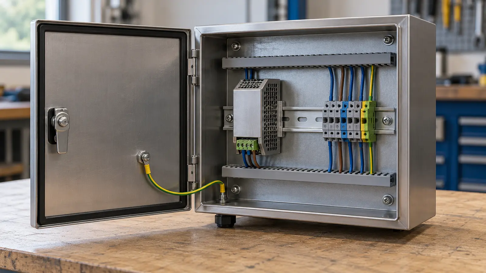 Open metal control enclosure with a DIN rail power supply, terminal blocks and neatly routed internal wiring