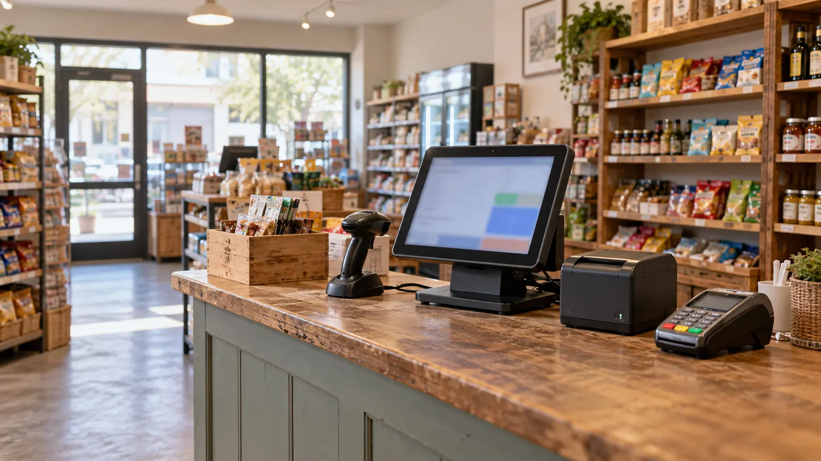 Complete retail checkout station with a display, barcode scanner, receipt printer and payment terminal on a shop counter