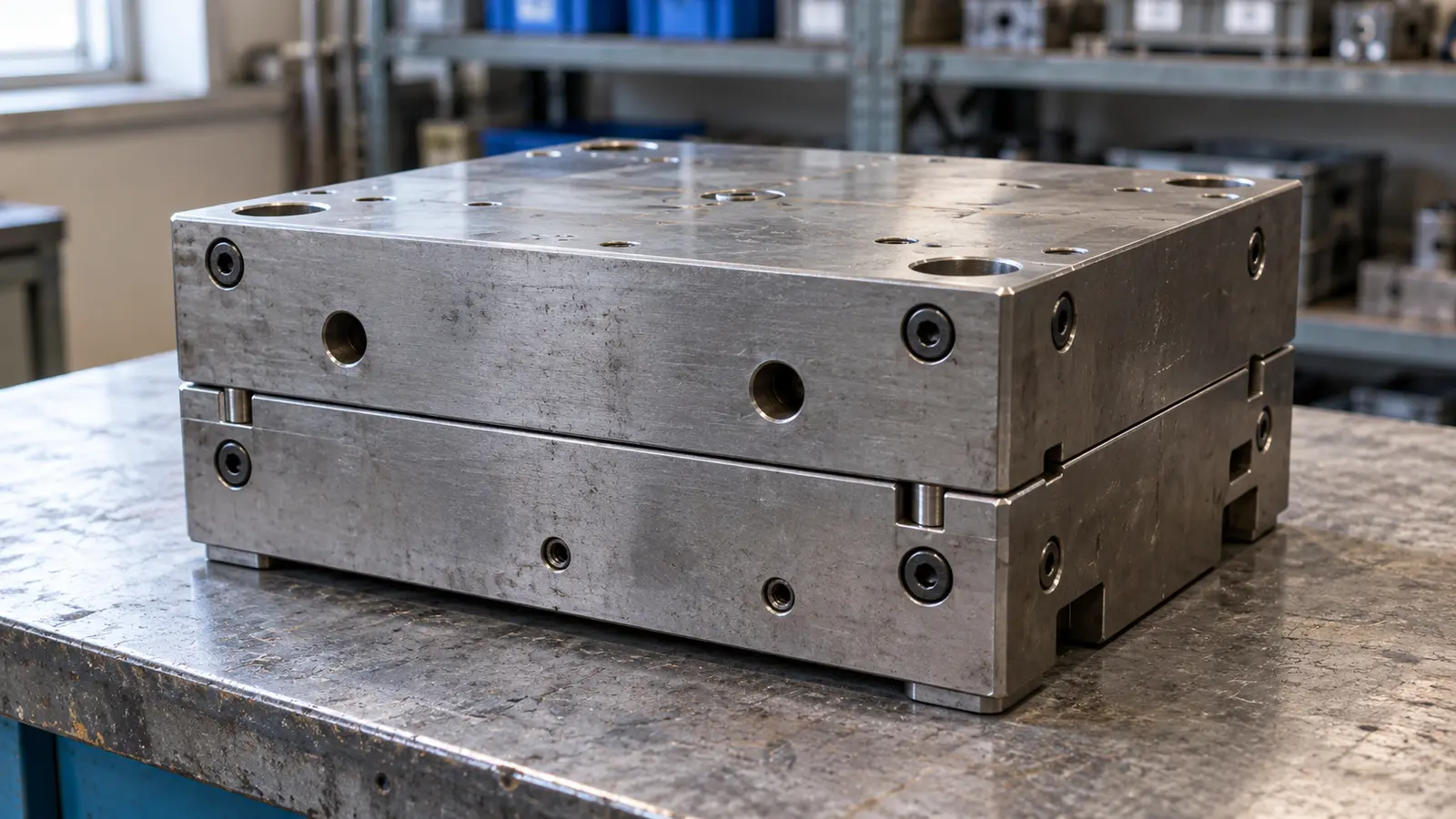 Closed rectangular steel injection mold resting securely on a maintenance bench