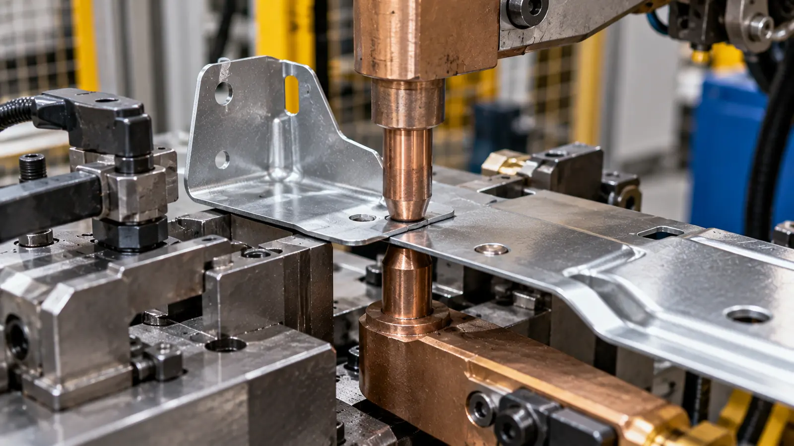 Opposed copper spot welding electrodes contacting both sides of an overlapping sheet steel bracket in a production fixture
