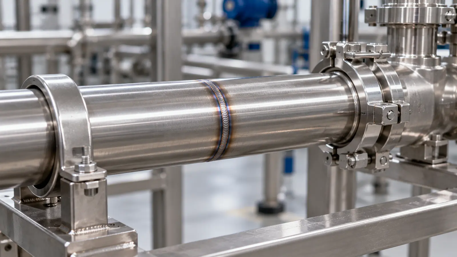 Two aligned stainless steel sanitary tubes joined by one clean circumferential TIG weld inside a processing equipment frame